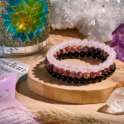 Bivei 3-Piece 4mm Beaded Bracelets for Women – Rhodonite, Rose Quartz, Black Obsidian – Handmade Natural Crystal Stretch Elastic Jewelry for Meditation, Yoga, Protection Gifts