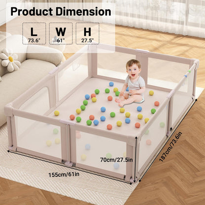 Foldable Playpen with Mat for Babies and Toddlers, 73" x 61" Baby Play Pen for Indoor & Outdoor, Playard with Soft Breathable Mesh, Pull-Link and Ocean Balls, Pink