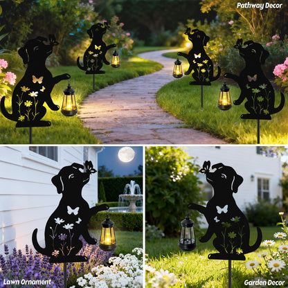 Dog Outdoor Solar Lantern Waterproof, Birthday Gifts for Christmas Women Mom, Solar Hanging Lights with Butterfly Metal Figurine, Garden Decor Outside Patio Yard Pathway Backyard Ornaments, 2 Pack