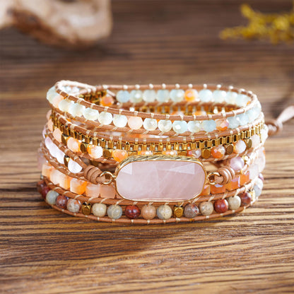 Plumiss Handmade Rose Quartz Leather Wrap Bracelet for Women, Boho Multi-Layer Natural Stone Beaded Strand Bracelets, Adjustable Stackable Jewelry Gift for Mom Girlfriend
