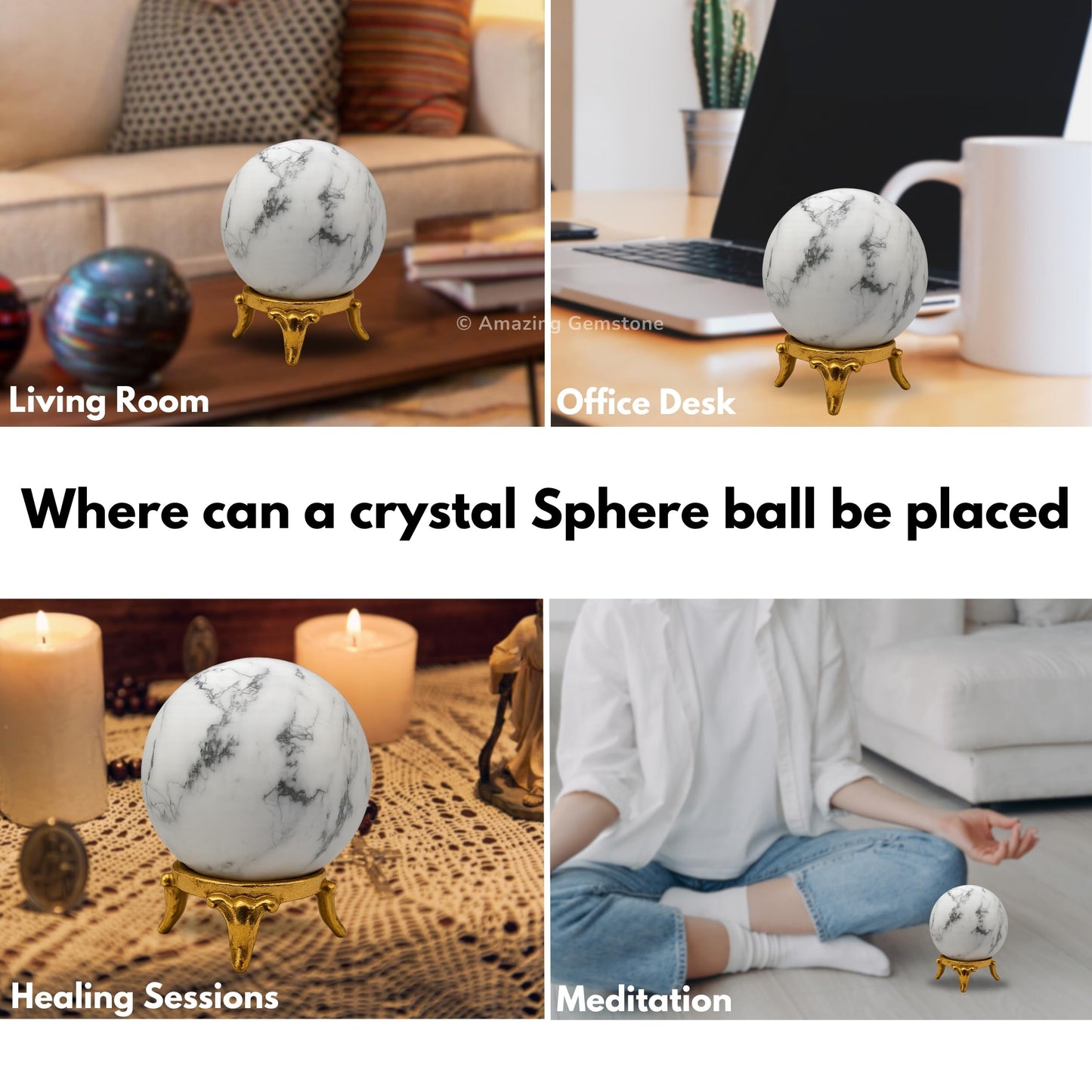 Amazing Gemstone Howlite Crystal Ball with Stand - 2 Inches Crystal Sphere Meditation Balls for Witchcraft and Decorative Balls