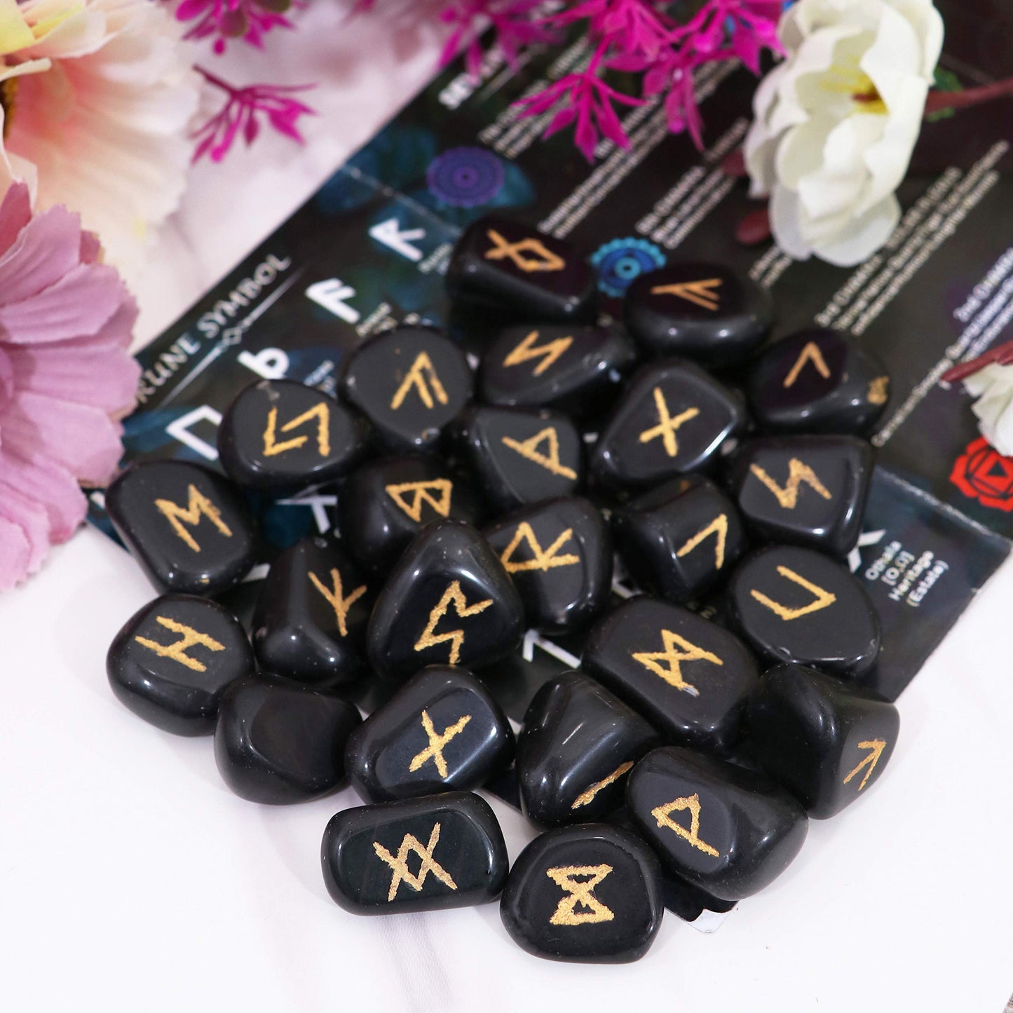 Crocon Black Obsidian Rune Stones Set Engraved with Elder futhark Crystal Runes Set, Reiki Healing runas for Meditation Chakra Balancing, Rune Stone for Beginners with Crystal Guide & Pouch |15-20 mm