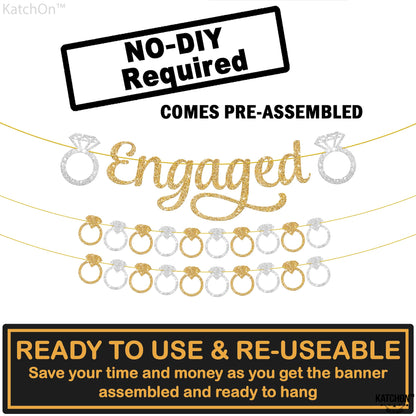 KatchOn, Pre-Strung Gold and Silver Glitter Engaged Banner - 2 String, 10 Feet, No DIY | Engagement Party Decorations | Banner for Bachelorette Party Decorations, Engagement Decorations, She Said Yes Decorations