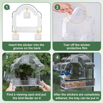 Decflow Window Bird Feeders for Outside, Clear Bird Window Feeder with 3 Pairs of Strong Stickers, Transparent Acrylic Birds House for Window Viewing, Removable Tray, Wild Birds Watching Present
