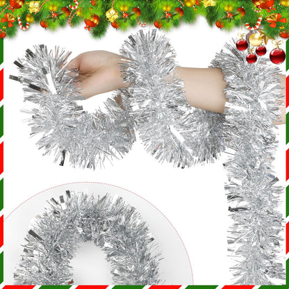 CCINEE Christmas Tinsel Garland, 50 Feet Silver Metallic Foil Hanging Tinsel Twist Garland for Xmas Tree Home Mantle Stair Fireplace Holiday Party Indoor Outdoor Christmas Decoration