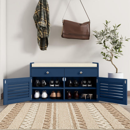 WARMHONIU Shoe Storage Bench with 2 Drawers, Entryway Bench with Cushion, Adjustable Shelves, Shoe Rack Bench with Louvered Doors for Entryway, Bedroom, Hallway, Blue
