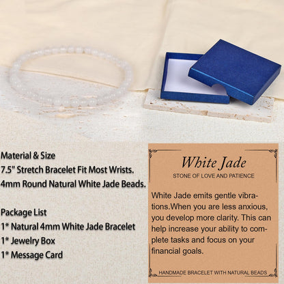 LPBeads Handmade Natural Gemstone Stretch Elastic 4m White Jade Bracelet Healing Crystal Round Stone Beads Jewelry Gifts for Women Men