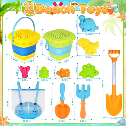 SpringFlower Beach Sand Toys for Kids, Sand Toys with 2 Collapsible Beach Bucket with Sifter Shovels Set with Mesh Bag and 6 Sand Molds, Foldable Beach Travel Beach Sandbox Toys, 11 PCS