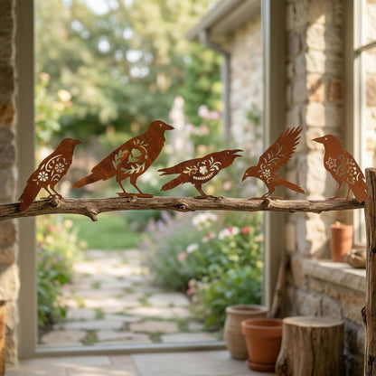 AIM & GGKK Rusty Metal Birds Yard Decor, Set of 5 Metal Bird Silhouette Statues for Garden Fence Yard Art, Rustic Outdoor Garden Sculptures Decorations