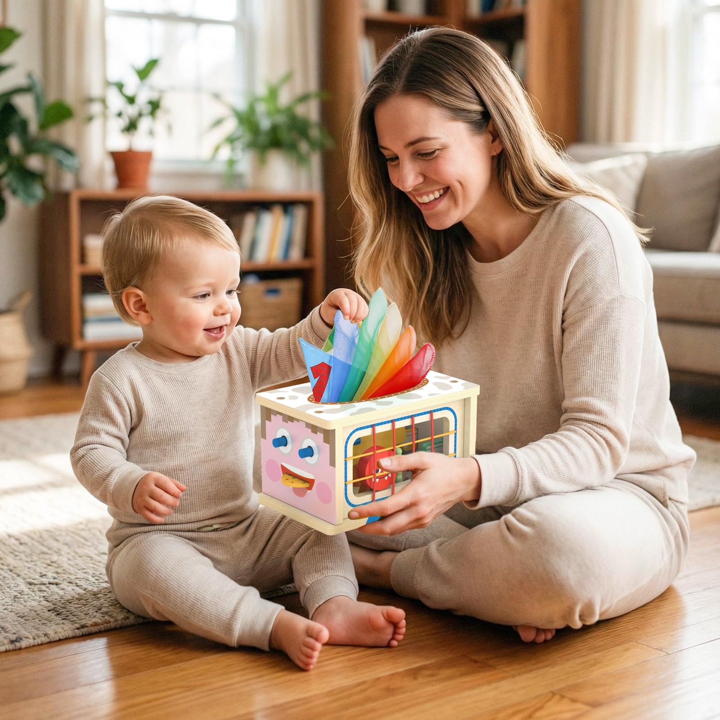 Ancaixin 8-in-1 Montessori Baby Tissue Box Toy for 12+ Months, Wooden Activity Cube, Puzzles 12-18 Months, Sensory Toys for Toddlers 1-3 Preschool Learning, 1 Year Old Boys Girls Baby Birthday Gift