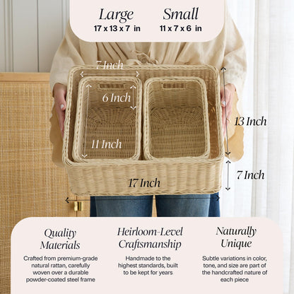 BEBE BASK Handwoven Rattan Wicker Basket Set of 3 (17 × 13 × 7 in) – Wicker Baskets For Organizing, Woven Basket, Wicker Storage Baskets For Shelves, Home, Nursery & Toy Storage