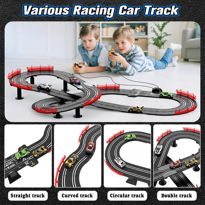 3-in-1 Slot Car Race Track Sets with 4 High-Speed Cars, Electric Track, Dual Racing Game with Lap Counter & 2 Controllers, and Circular Overpass Design – Toy Gift for Boys Kids Ages 4-6 6-8 8-12