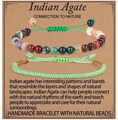 LPBeads 6mm Indian Agate Bracelet with Handmade Rope Bracelet Size Adjustable Natural Stone Crystal Healing Bracelets Gifts for Unisex Adults