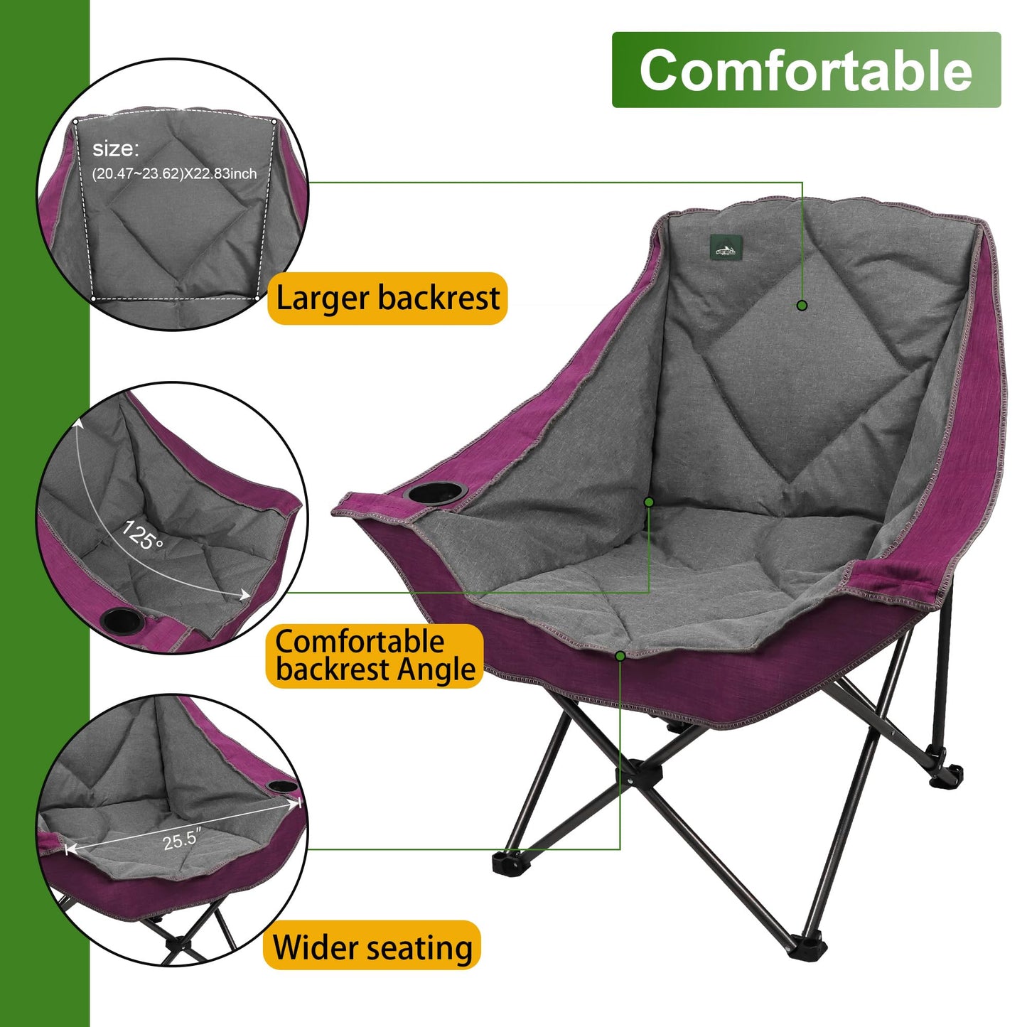 Northroad Oversized Foldable Camping Chair, Outdoor Padded Lawn Chair w/Cup Holder,Carry Bag for Beach, Hiking, and Picnics,Heavy-Duty 300-lbs Capacity, Purple