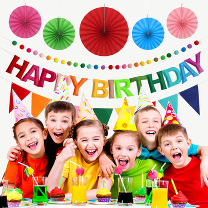 Danadia Pre-Strung Happy Birthday Banner, Reusable Felt Birthday Party Decorations, 3D Effect Happy Birthday Sign with Felt Ball Garland, Pennant Flag, Hanging Paper Fans for Men Women Boy Girls (Rainbow)