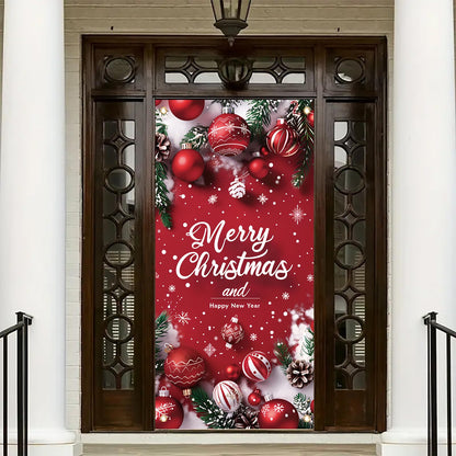 Saoplasa Merry Christmas Door Banner Happy New Year 35x71 Inch Red Christmas Front Door Cover with Snowflakes and Lettering for Xmas Winter Seasonal Holiday Party Porch Wall Hanging New Year Entryway Decoration
