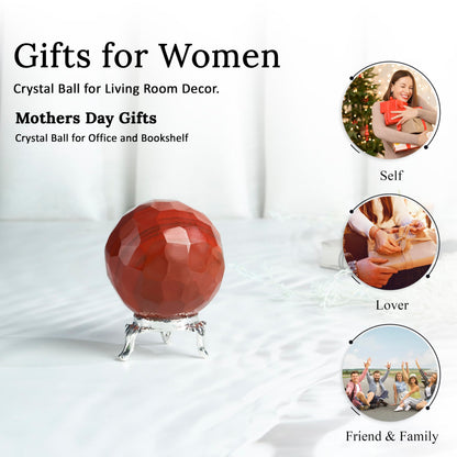 Crocon 50mm Red Jasper Diamond Cut Stone Sphere Ball with Metal Stand 1400+ Carats Gemstone Ball Healing Ornament Rock Sphere Sculpture Figurine for Fengshui Divination Crystal Home Decor Photography