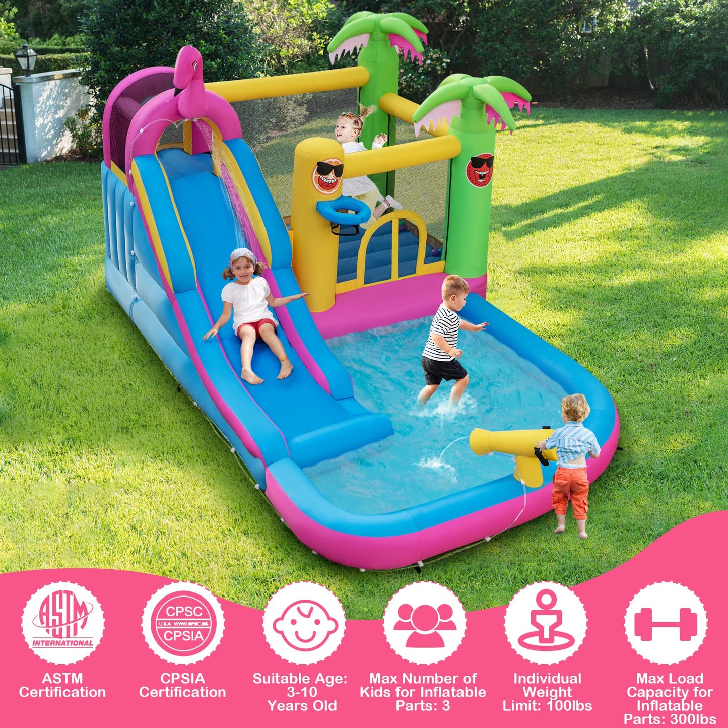 HONEY JOY Inflatable Water Slide, Giant Water Bounce House Park w/Climbing Wall & Splash Pool, Outdoor Blow up Water Slides Inflatables for Kids and Adults Backyard(with 735w Blower)