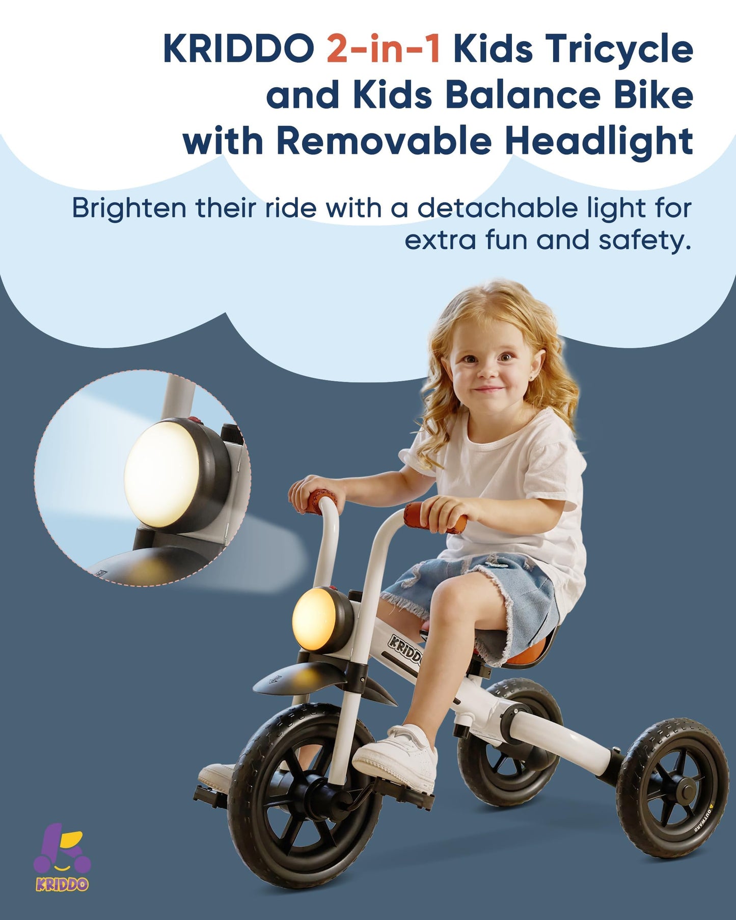 KRIDDO 2-in-1 Kids Balance Bike and Kids Tricycle for 2 to 5 Year Old, Toddler Balance Bike with Detachable Pedals, Tricycles for 3-5 Year Olds with Stitched Soft Grip, White