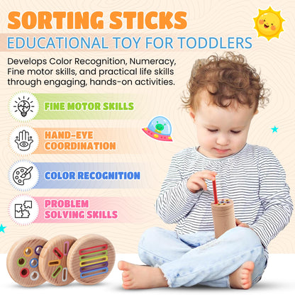 YAANI Montessori Toys for 1-3 Year Old: Wooden Sorting Sticks Toys for Toddlers Age 1 2 3, Fine Motor Developmental Infants Sensory Matching Games, Busy Board 18 Month Old Baby Boys Girls Gifts