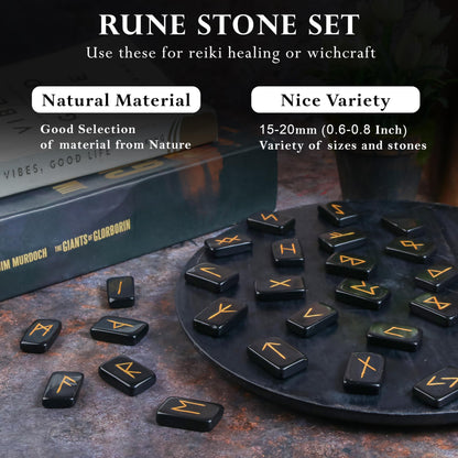 Crocon Black Agate Rectangle Shape Gemstone Runes with Elder Futhark Alphabet Engraved 25 pcs Rune Set Crystal Metaphysical Healing Chakra Reiki Runes Set with a Pouch Fathers day gift Size: 20-25mm