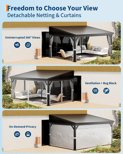 10X14 ft Wall Mounted Lean to Gazebo with Gutters System & Sliding Netting, Aluminum Frame, Connectable Wall Mounted Gazebo Pergola with Sloping Galvanized Steel Roof for Patio, Garden, Grey