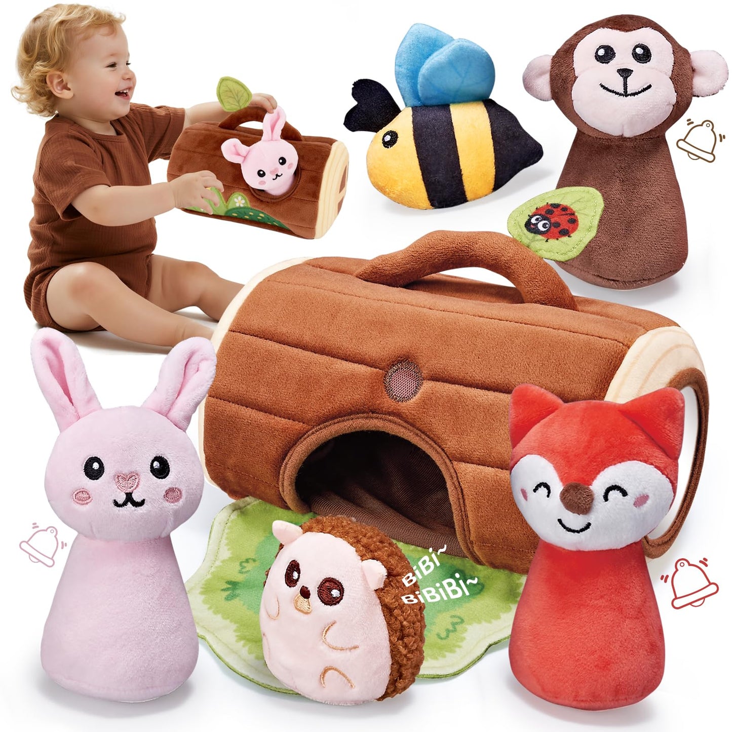 CuteZone Baby Toys 6-12 Months, Stuffed Animals for Babies, Soft Plush Forest Sensory Toy Set with Rattle, Crinkle, Mirror and Tree Stump Storage, Cause and Effect Baby Boy Girl Gifts