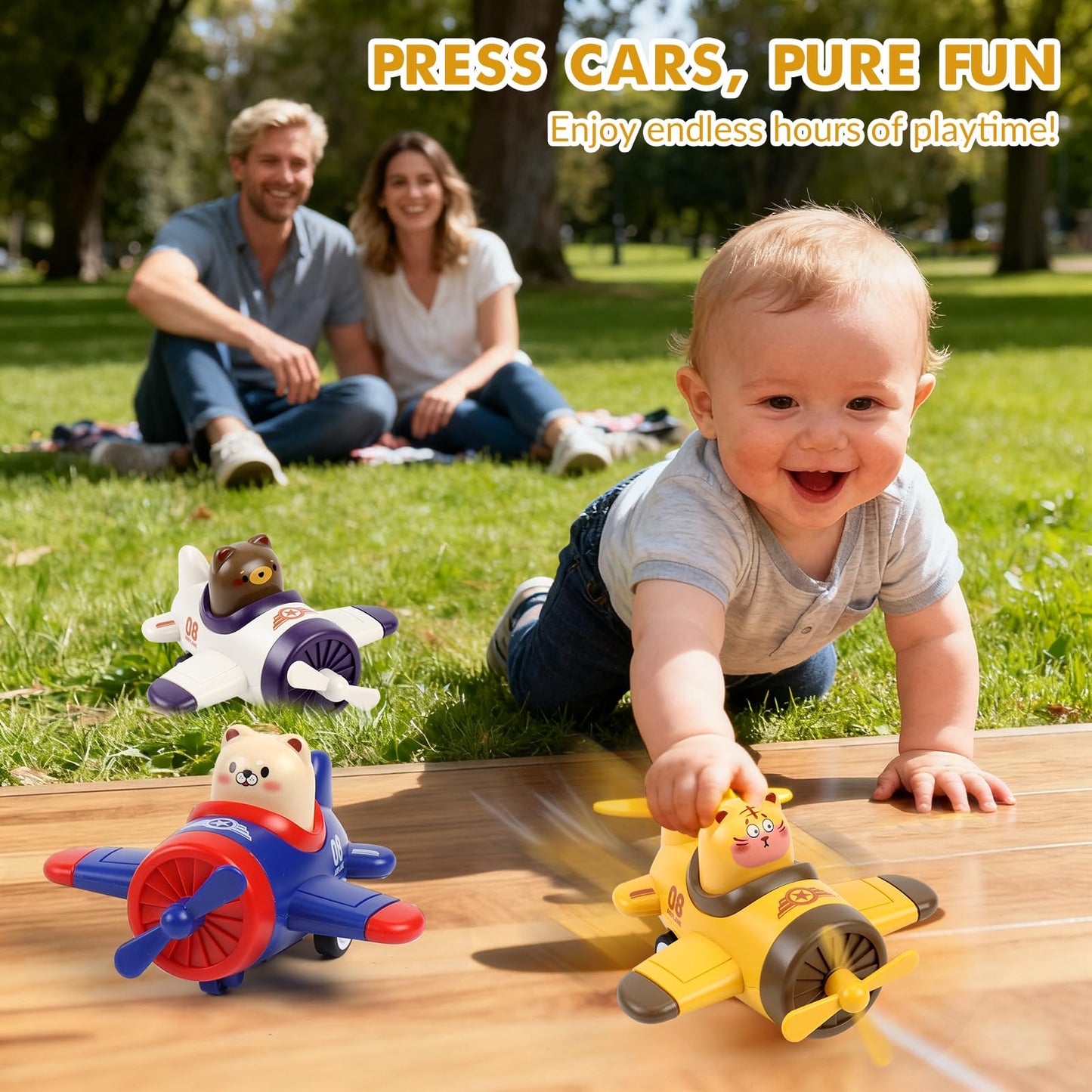 Airplane Toy Cars for Toddlers 1-3 – 4 Pack Press and Go Baby Car Toys, Push Airplanes with Rotating Propellers & Animal Drivers, Safe ABS Friction Cars for Indoor Outdoor Play, Gift for Boys Girls