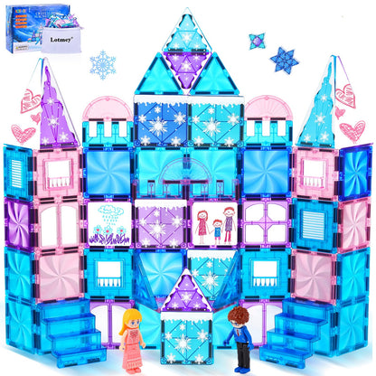 Diamond Magnetic Tiles Set 145PCS with Magnetic Doodle Kit, 3D Blocks Magnet Toys for Girls 3 4-7,8-12, Stem Toys Princess Castle Include 2 Stairs 2 Dolls Decals Stickers,3 4 5 6 7 8+ Girls Xmas Gift
