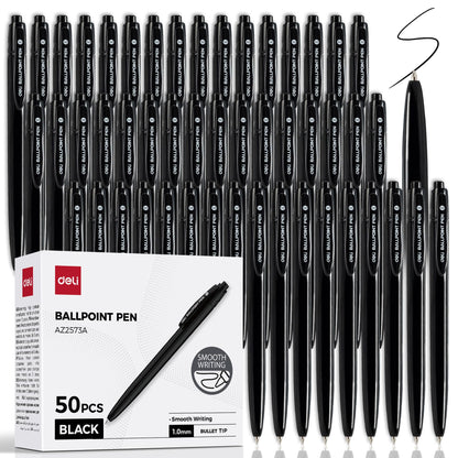 deli Pens Bulk, 50 Pack Retractable Ballpoint Pens, 1.0MM Black Ink,Smooth Writing, No Bleed, Comfortable Grip for Home,Office & School Use