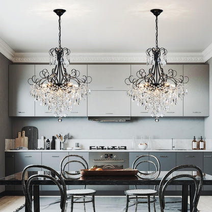 WUZUPS Crystal Chandelier 10-Light Pendant Ceiling Light Modern Lighting Fixture for Dining Room Hallway Bedroom Kitchen Bathroom, H 27.6" x W 22.8", E12 Base, Black