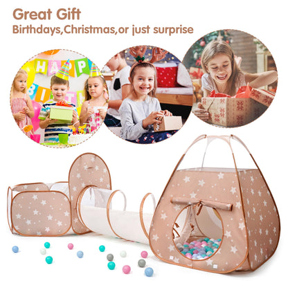 3 in 1 Pop Up Kids Play Tent with Tunnel and Ball Pit for Kids, Boys, Girls, Babies and Toddlers, Indoor/Outdoor Playhouse, Brown/Apricot