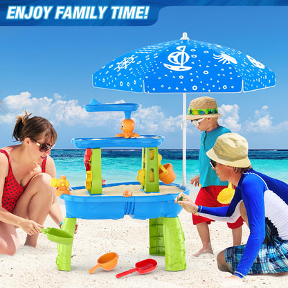HYES Water Table for Toddlers 3-5, 3-Tier Kids Splash Sand Table Water Toys with Umbrella, Rain Showers Splash Pond for Outdoor Beach Backyard Summer, Activity Sensory Playset for Boys Girls, Blue