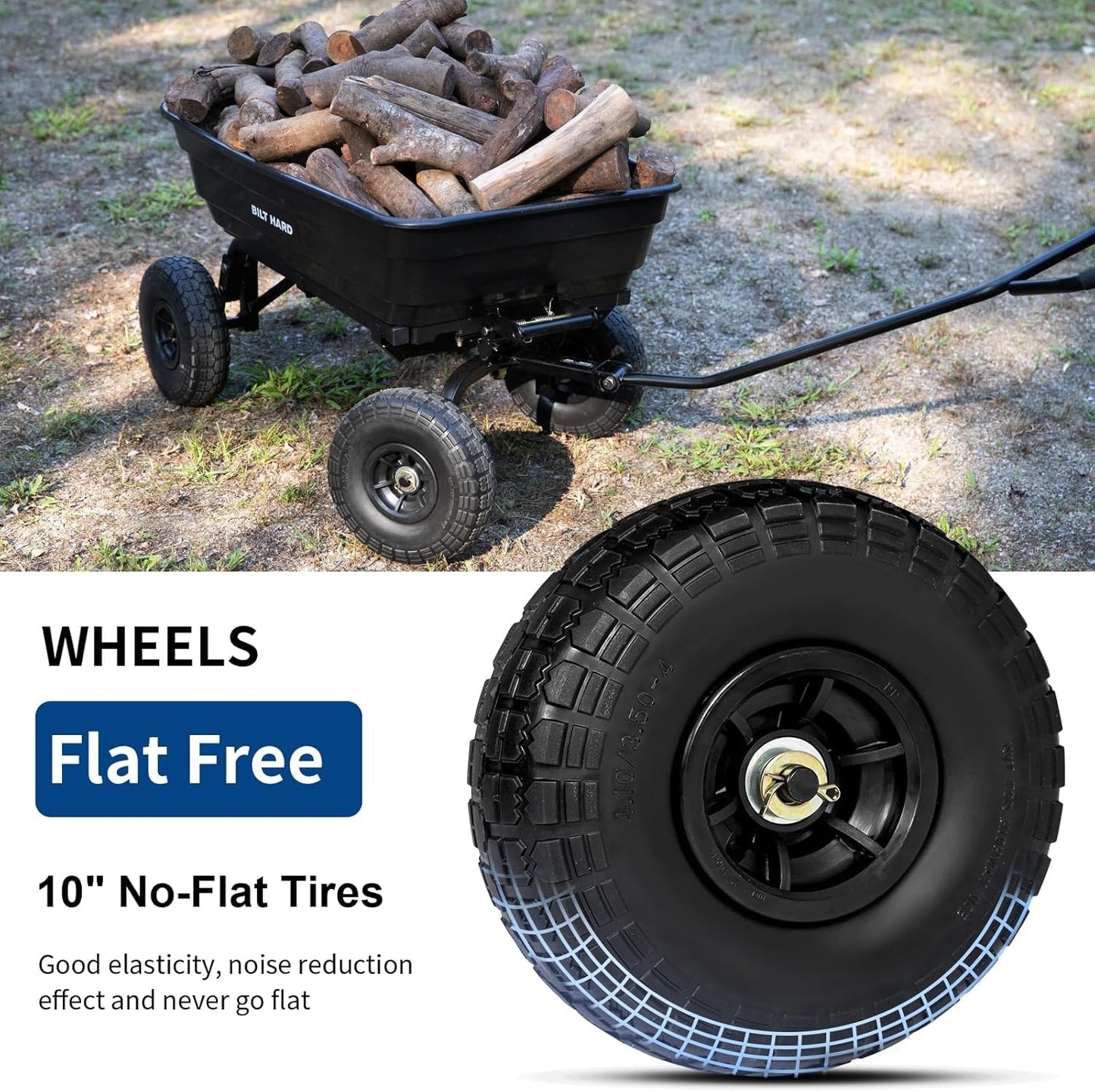 BILT HARD 4 Cu.Ft. 10" No-Flat Tires Poly Yard Dump Cart with 180° Rotating Handle, 600 lbs Capacity Heavy Duty Garden Carts and Wagons