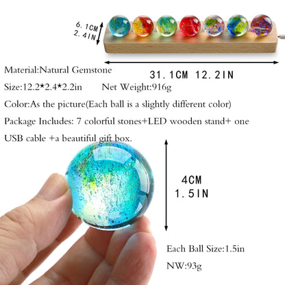 KRISININE 7 Chakra Natural Healing Spheres with LED Wooden Stand 40mm Crystal Quartz Stones for Meditation Positive Energy Night Light Decoration