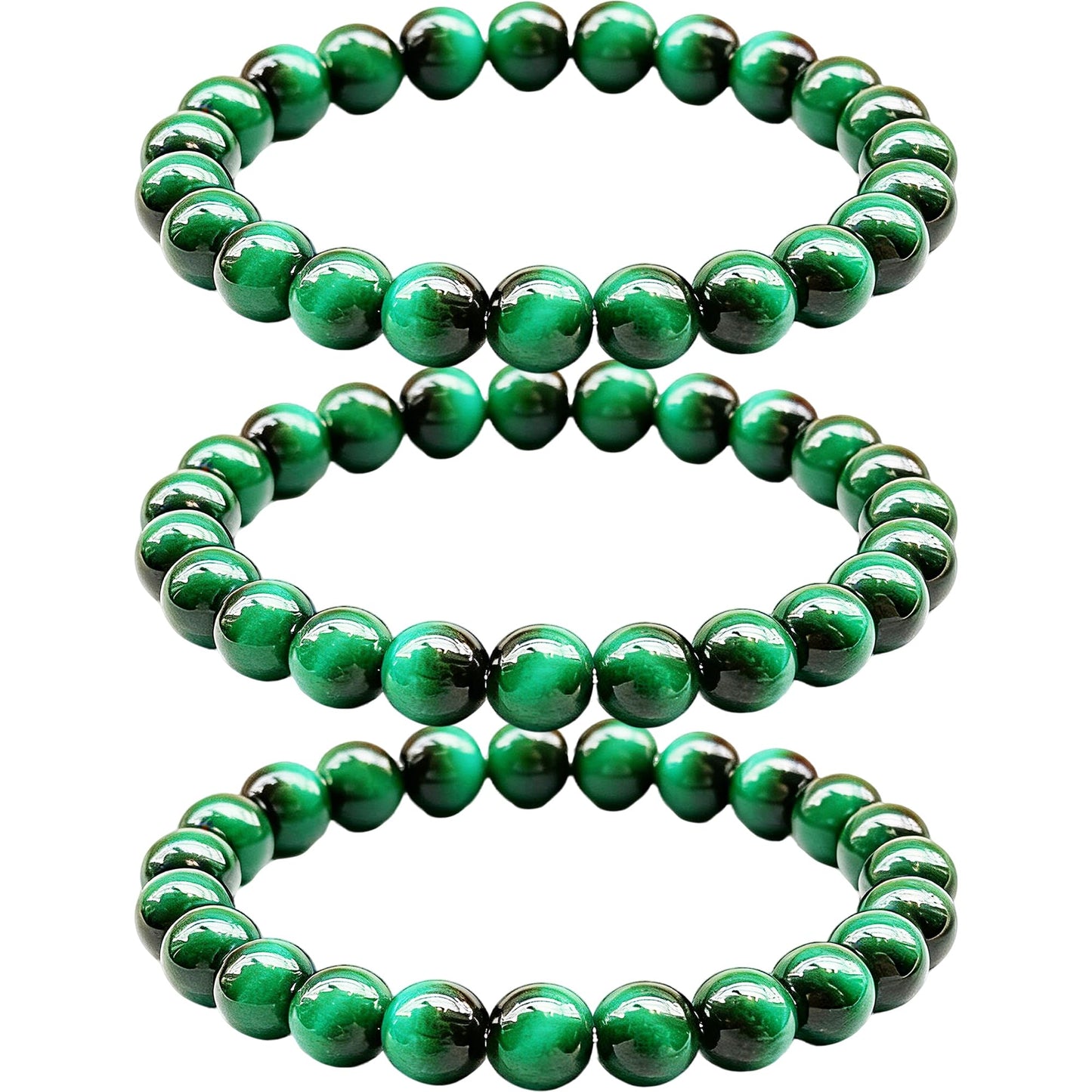 Cryhand 3PCS Female 8mm Beaded Bracelets For Women Simulated Green Tigers eye Bracelet for Men Handmade Lucky Money Stretchy Crystal Bracelets Best Gifts