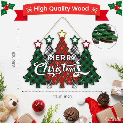 Wooden Merry Christmas Door Sign,Christmas Tree Door Wreath for Front Sign Wall Signs,Decoration Farmhouse Hanging Plaque,Hanging for Home Wall Decor Party(Red)