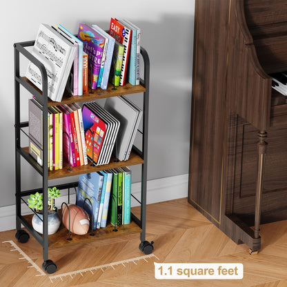 Feyejade Rolling Book Cart with Removable Dividers, 3-Tier File Cart with Wheels, Utility Storage Rack for Office, Home, Classroom, Art Supply Organizer, Binder and Laptop Shelf Rack