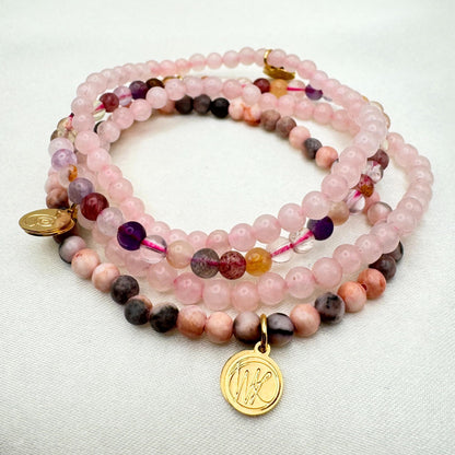 Love Crystal Bracelet Stack 4mm – Healing Stone Beaded Bracelets – Rose Quartz, Pink Zebra, and Mixed Light Stones, Spiritual Energy Jewelry for Unconditional Love, Joyful Comfort, Harmony – Elastic, Unisex, Gift-Ready