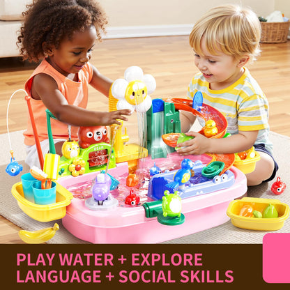 Pupu Pig Water Table Play Sink Toys for Toddlers, Kids Play Kitchen Sink with Running Water, 360° Electric Faucet, Floating Fishing Game, Sensory Water Table Toys for Boys Girls Summer Gifts - Pink