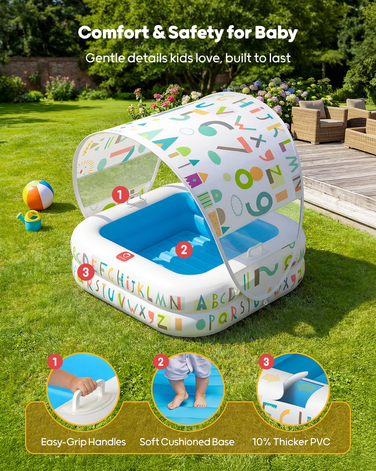QPAU Baby Pool with Detachable Canopy for Sun Protection, 35" x 10" Portable Inflatable Kids Pool with Padded Bottom, Kiddie Pool & Ball Pit with Handles for Backyard and Indoor, Ages 1-3 (Blue)