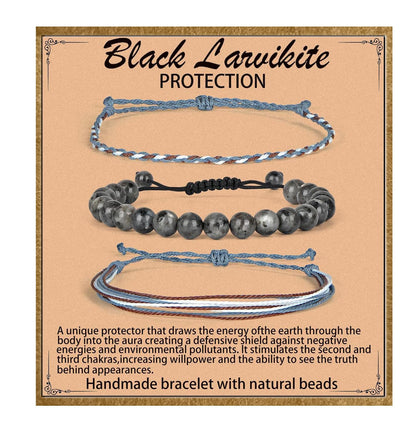 QOGIR Handmade Healing Bracelet,8mm Natural Black Larvikite Gem Stone Beads Bracelet,for Men Women Gifts with 2PCS Size Adjustable Rope Bracelets