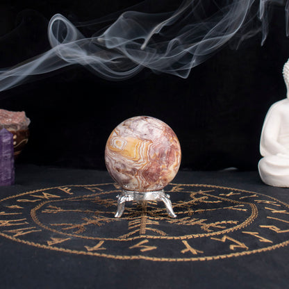 Crocon 45mm Rosetta Jasper Stone Sphere Ball with Metal Stand 1400+ Carats Gemstone Ball Healing Sphere Sculpture Figurine for Fengshui Divination Home Decoration Photography Crystal Sphere