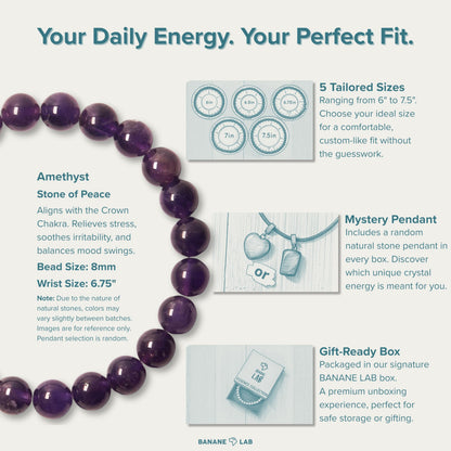 BANANE LAB Amethyst Beaded Bracelet with Mystery Polished Crystal Pendant - 8mm Real Natural Gemstone Beads for Men Women - Calm Peace Stress Relief Gift for Her him - Fits 6.75" Wrist