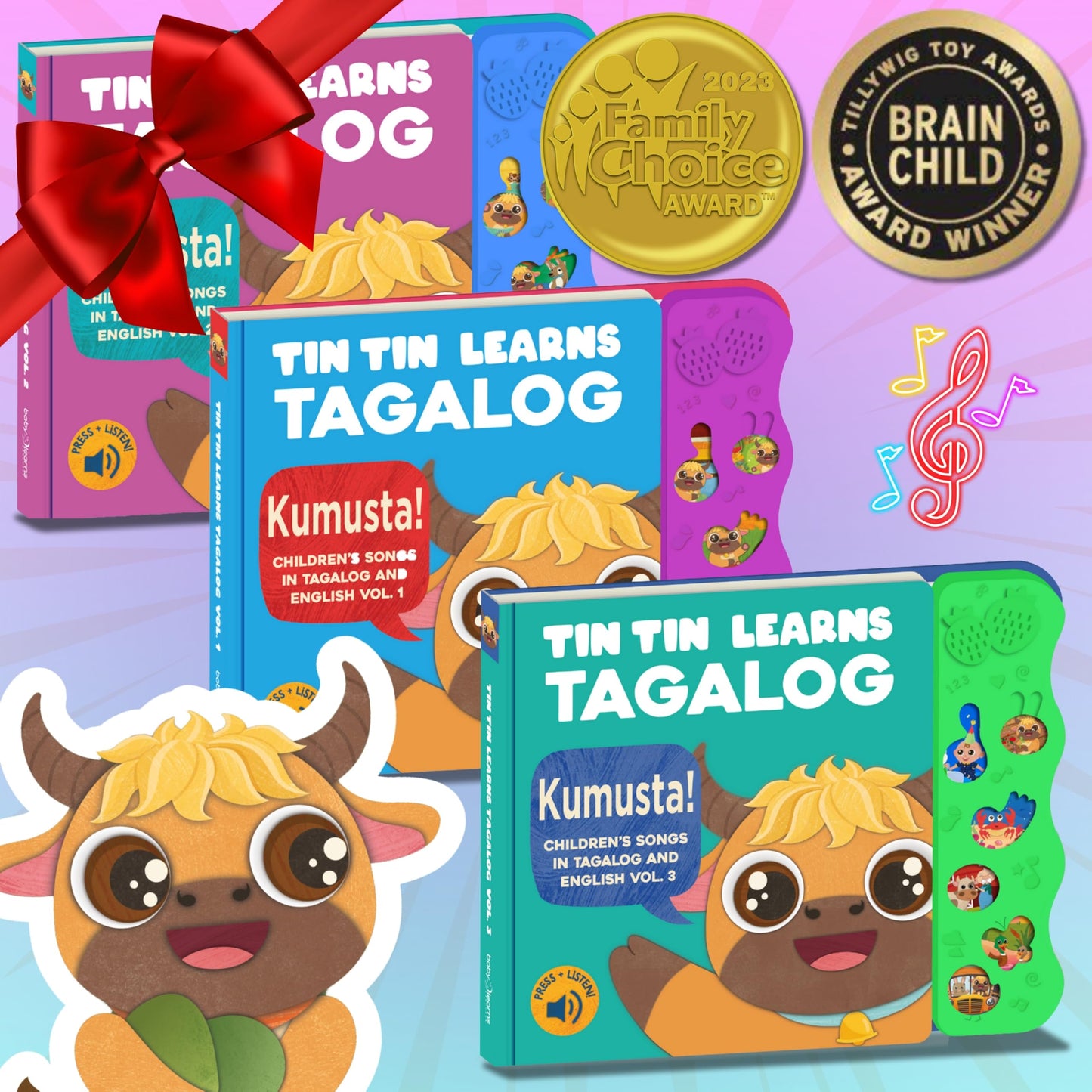 Tin Tin Learns Tagalog Vol. 3 — Interactive Sound Board Book for Toddlers 1-3, Bilingual English & Filipino Songs & Nursery Rhymes, Talking Musical Book, Musical Toy Gift for Babies & Kids