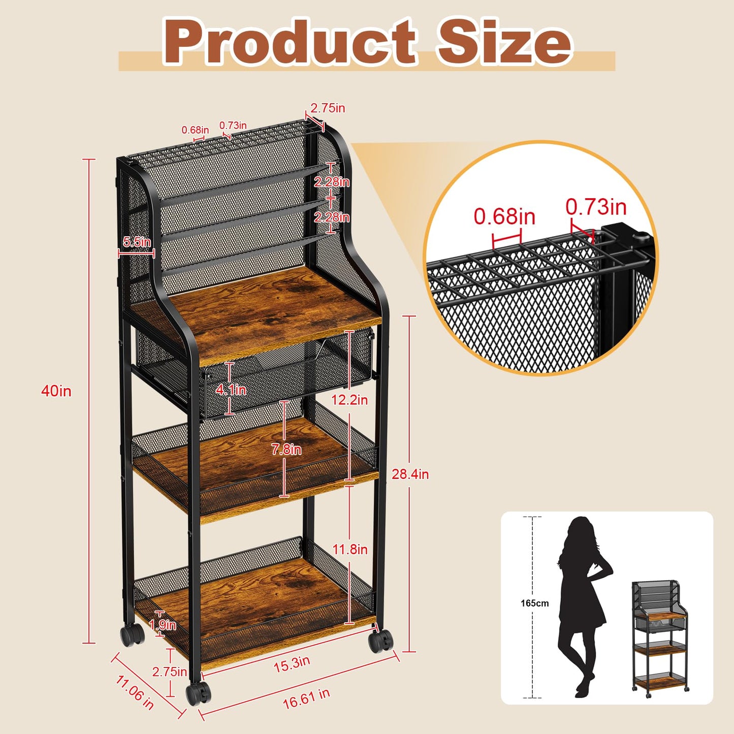 Large 7-Tier Rolling Utility Cart with Drawer, 40in Tall Metal Craft & Art Storage Organizer with Lockable Wheels, Storage for Art Studio, Drawing Room, Paints & Supplies