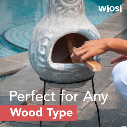 Wiosi Medium Chiminea Outdoor Fireplace Grey Clay Chimineas with Chimney Rain Lids and Solid Metal Stands - Grey Terracotta Chimenea - Rustic Fire Pit Chimnea 16 x 16 x 32-inch