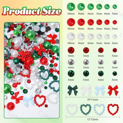Christmas Red Green Mixed Flatback Rhinestones & Pearls, Pearl and Rhinestones for Crafting, Pearls Heart Bows Nail Charms for Christmas Craft DIY Ornaments, Tumbler Cups, Nail Art and Gift Making