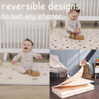 Bubba Bear Baby Play Mat, Thick Foam with Pattern Design, Foldable Waterproof Padded Crawling Mat for Babies (Beige Stars, 79 x 59 Inches)