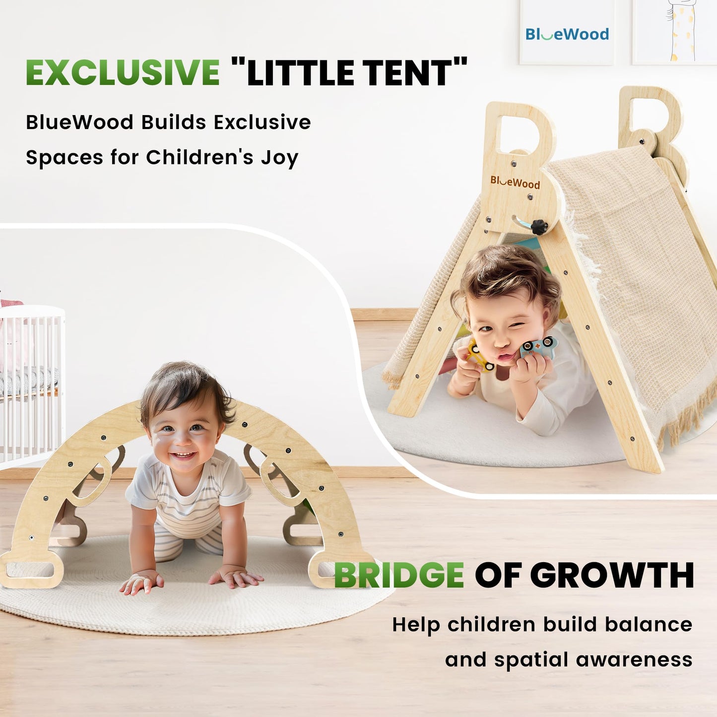 BlueWood Pikler Triangle Set 7in1 Foldable Baby Climbing Toys Wooden Montessori Climbing Set with Arch&Ramp&Ladder Baby Climber Indoor Jungle Gyms for Toddlers Montessori Toys- Rainbow